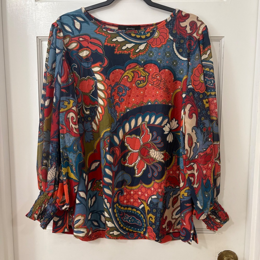 Ali Miles Blouse L Paisley Boho Sheer Balloon‎ Sleeve Top Artsy Eclectic